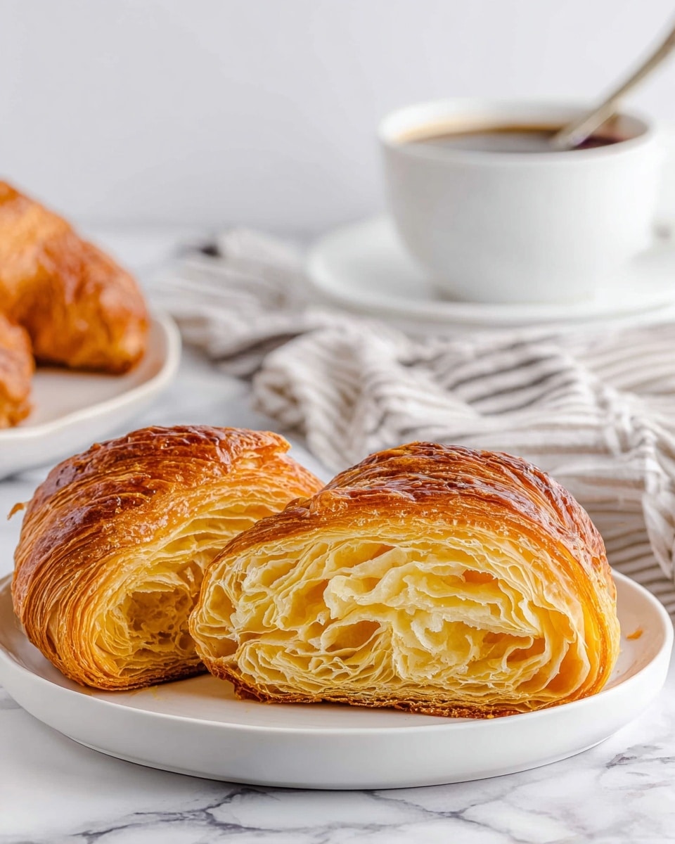 A white round plate shows a croissant cut in half, placed side by side to reveal the inside with many thin, golden layers that look soft and airy. The outside is shiny and deep golden brown with a flaky texture. Behind the plate, there is a white cup filled with dark coffee on a white saucer, and a white bowl with a spoon inside it, likely holding jam. The background and surface have a white marbled texture, and a striped cloth is softly blurred in the background. Photo taken with an iphone --ar 4:5 --v 7