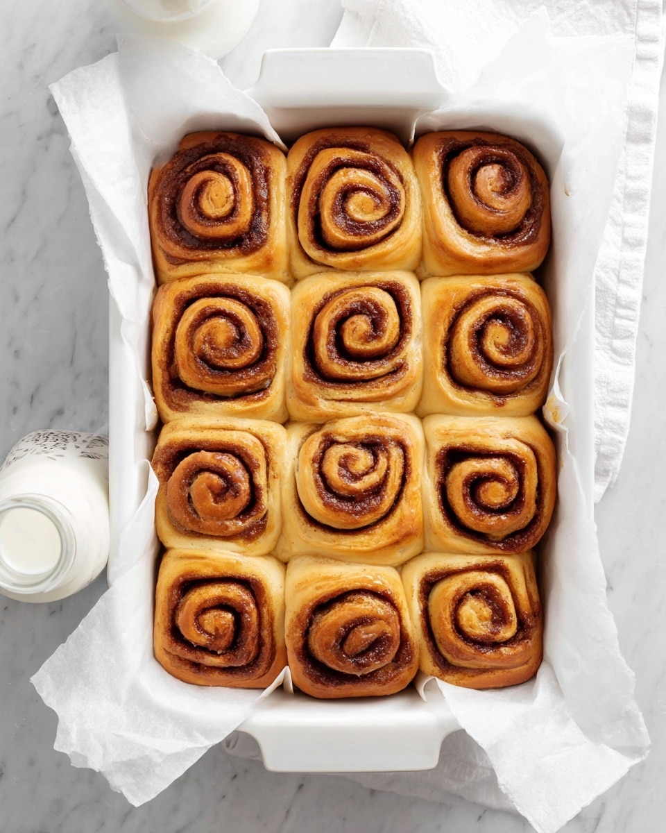 A white baking dish lined with white parchment paper holds 12 cinnamon rolls arranged in a 3 by 4 grid. Each roll has a golden brown outer layer with a visible spiral of darker cinnamon filling, creating a contrast between the light dough and the rich brown swirl. The cinnamon rolls are soft and fluffy in texture, with some slight variations in browning on top. The dish is placed on a white marbled surface with a white cloth napkin nearby and a white milk bottle partially shown at the bottom left. Photo taken with an iphone --ar 4:5 --v 7