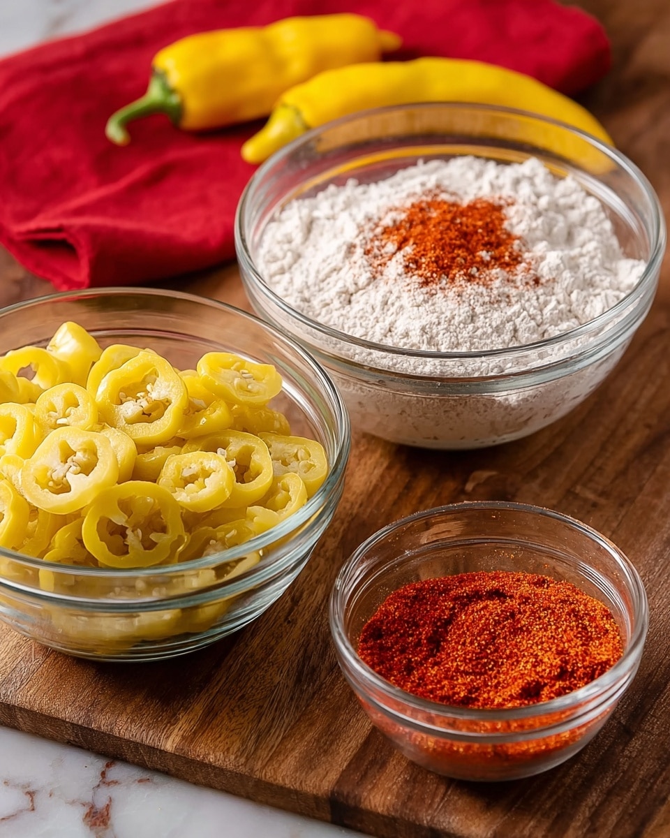 The image shows three clear glass bowls placed on a wooden surface. The largest bowl on the left is filled with sliced yellow banana peppers, showing their rings and seeds. The largest bowl on the right contains white flour with a small pile of reddish-orange chili powder in the center. In front of these bowls is a small glass bowl filled with bright reddish-orange chili powder. There are two whole yellow banana peppers placed behind these bowls, and a red cloth is partially visible in the top left corner. The whole scene is set against a white marbled texture surface. photo taken with an iphone --ar 4:5 --v 7