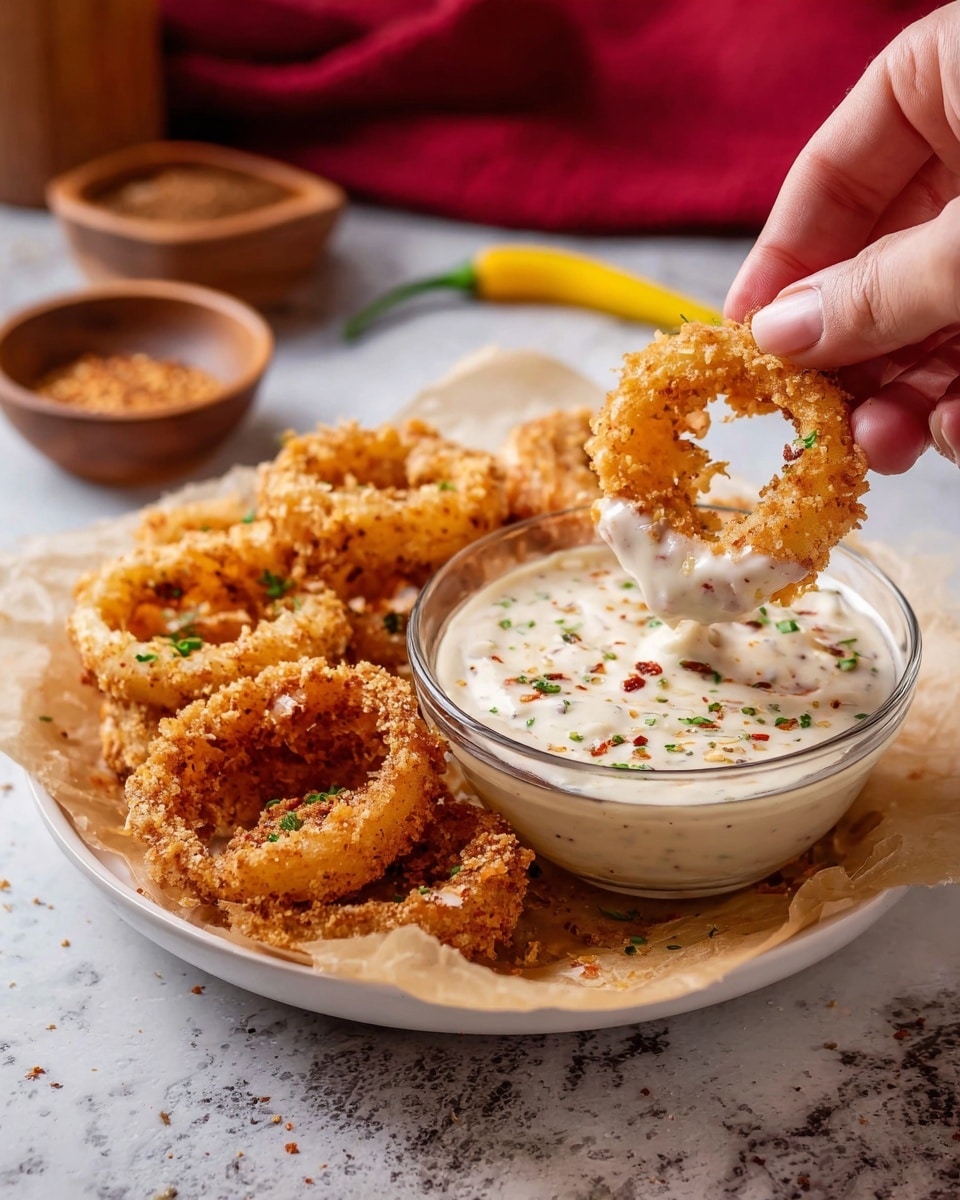 A woman's hand is dipping a golden-brown, crispy onion ring into a small glass bowl filled with creamy white sauce sprinkled with finely chopped green herbs and red pepper flakes. Behind, a white plate lined with parchment paper holds several more crispy onion rings, all arranged in a slightly uneven pile. In the background, there is a small wooden bowl containing crushed spices and a soft, blurred red cloth with a yellow chili pepper near it. The setup is on a white marbled textured surface. photo taken with an iphone --ar 4:5 --v 7
