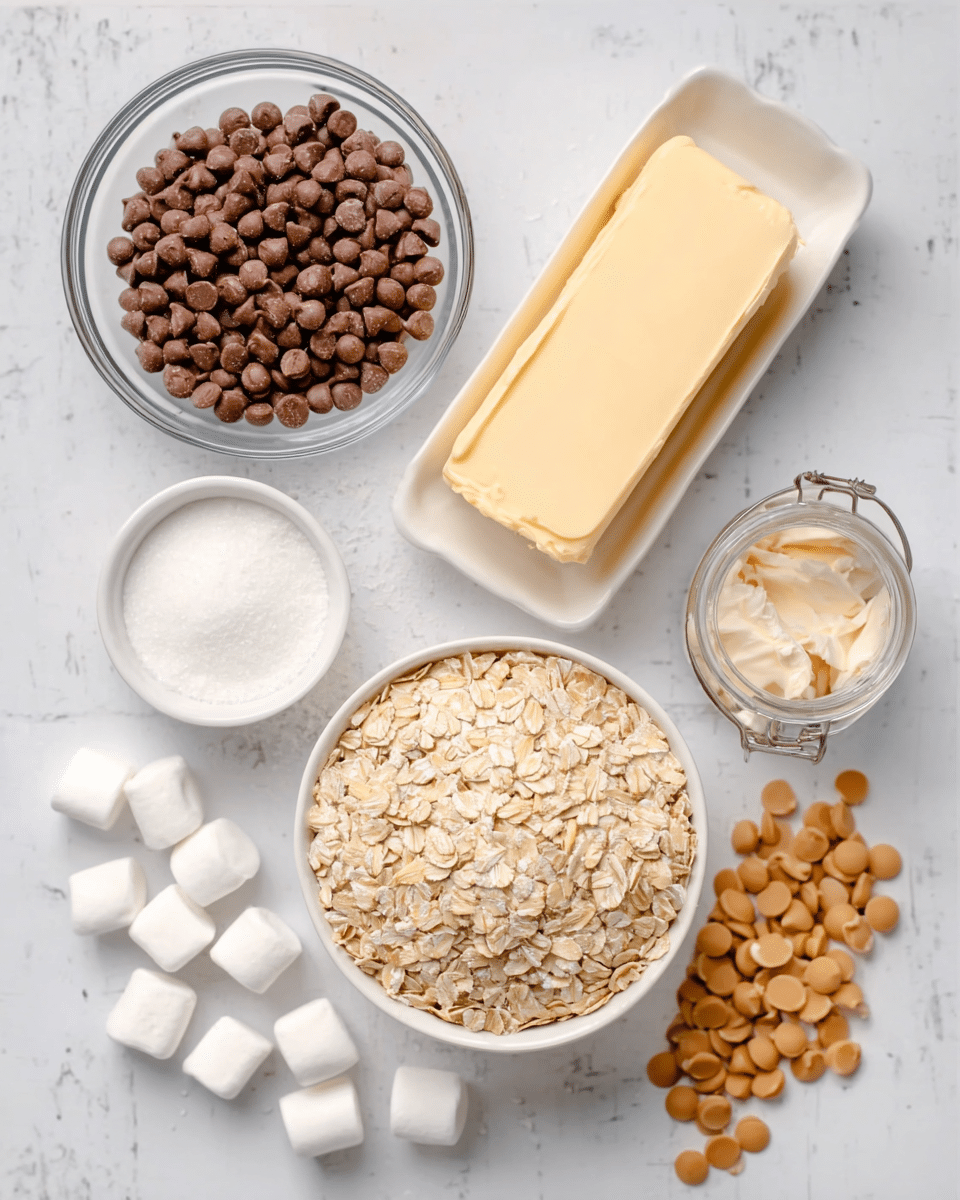The image shows a top-down view of baking ingredients arranged neatly on a white marbled surface. There is a clear glass bowl filled with small round brown chocolate pieces on the top left, and a white rectangular dish holding a large stick of pale yellow butter on the top right. Below these, a white round bowl is full of light beige rolled oats. To the right of the oats, there is a small white cup filled with white granulated sugar. Scattered around the bottom left corner are small white marshmallows, and to their right, a cluster of small beige round peanut butter chips is placed near an upside-down glass jar with its lid off. The whole scene is bright and clean. photo taken with an iphone --ar 4:5 --v 7