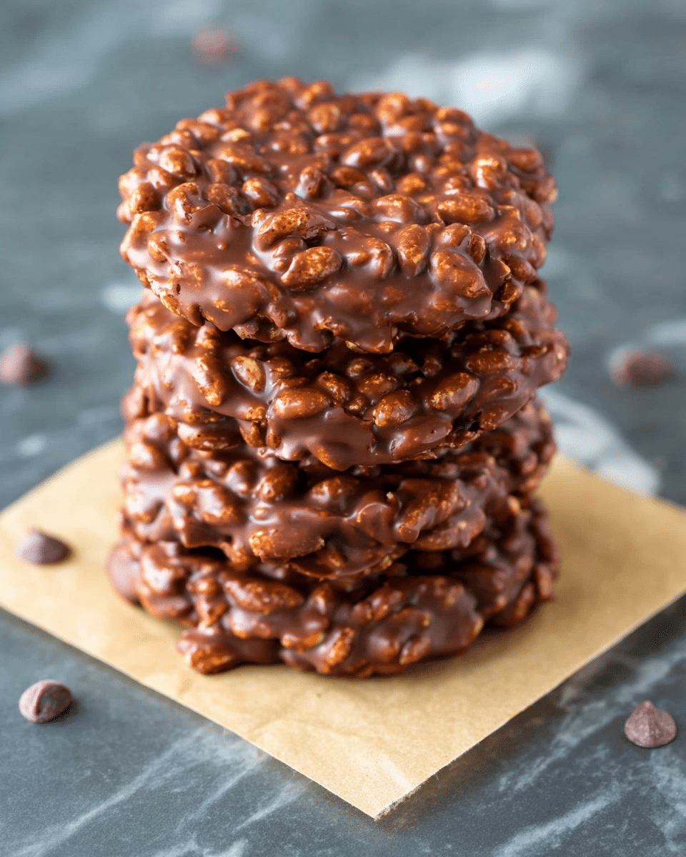 A stack of five round chocolate treats with visible crisped rice pieces covers each layer, giving a textured, bumpy surface. The chocolate coating is glossy and smooth, wrapping around the cereal pieces in a rich brown color. The stack sits on a square piece of parchment paper atop a white marbled surface, with a few small chocolate chips scattered around. The photo taken with an iphone --ar 4:5 --v 7