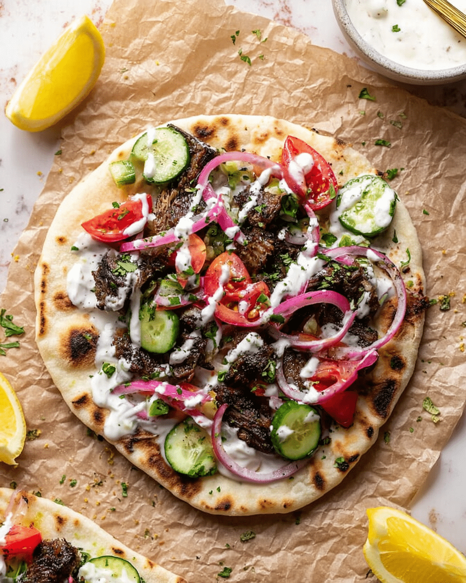 A white flatbread sits on crinkled brown paper on a white marbled surface, topped with a layer of dark grilled meat pieces. On top of the meat, there is a mix of small bright red tomato halves and fresh green cucumber chunks scattered evenly. Thin slices of purple pickled onions are laid over the vegetables, adding a curled texture. A white creamy sauce is drizzled in thin lines across the entire topping, finishing with sprinkles of finely chopped green herbs. Near the flatbread, yellow lemon wedges and a white bowl with a creamy sauce and gold spoon can be seen. Photo taken with an iphone --ar 4:5 --v 7