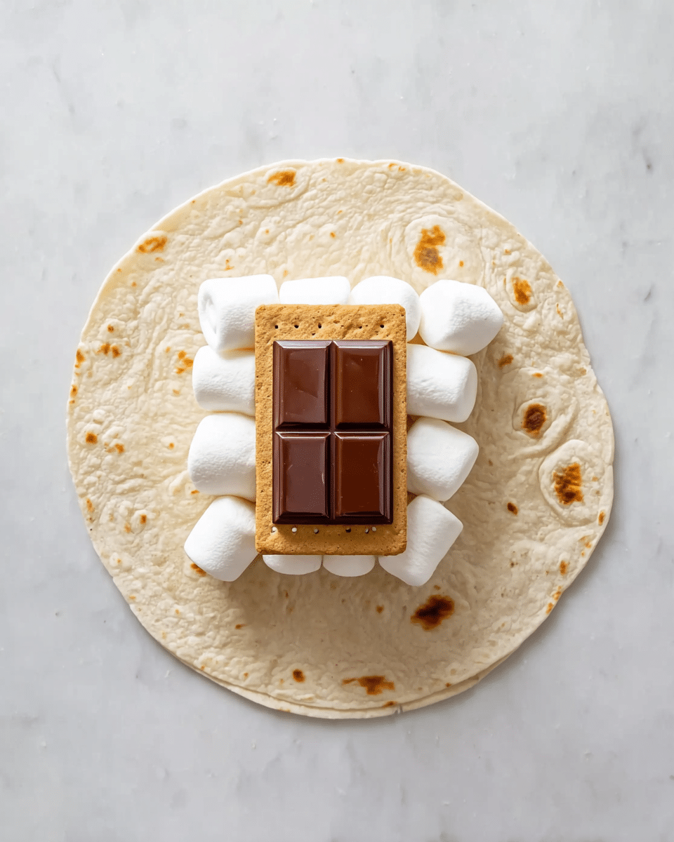 A round tortilla lies flat on a white marbled surface, with small brown spots scattered across its light beige texture. In the middle of the tortilla, there is a layer of small, white marshmallows arranged in a ring. On top of the marshmallows, there are two square graham crackers stacked, and a shiny, rectangular piece of smooth chocolate sits on the very top. The layers show a mix of soft, crunchy, and smooth textures in a simple, neatly arranged stack. photo taken with an iphone --ar 4:5 --v 7