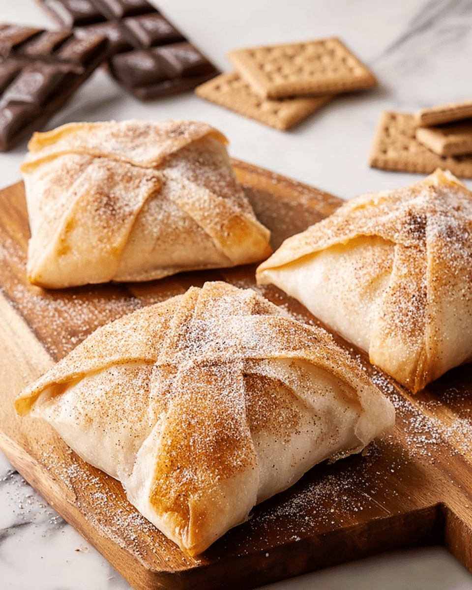 Three square-shaped pastries with a light golden brown color sit on a wooden board. Each pastry shows folded layers of dough with a slightly crispy texture and a dusting of fine sugar and cinnamon powder on top. The pastries appear soft on the sides with subtle browning, and some layers cross diagonally creating a folded star-like pattern on top. The wooden board rests on a white marbled surface with some scattered crumbs around it, and in the background are blurred pieces of chocolate bars and graham crackers. photo taken with an iphone --ar 4:5 --v 7