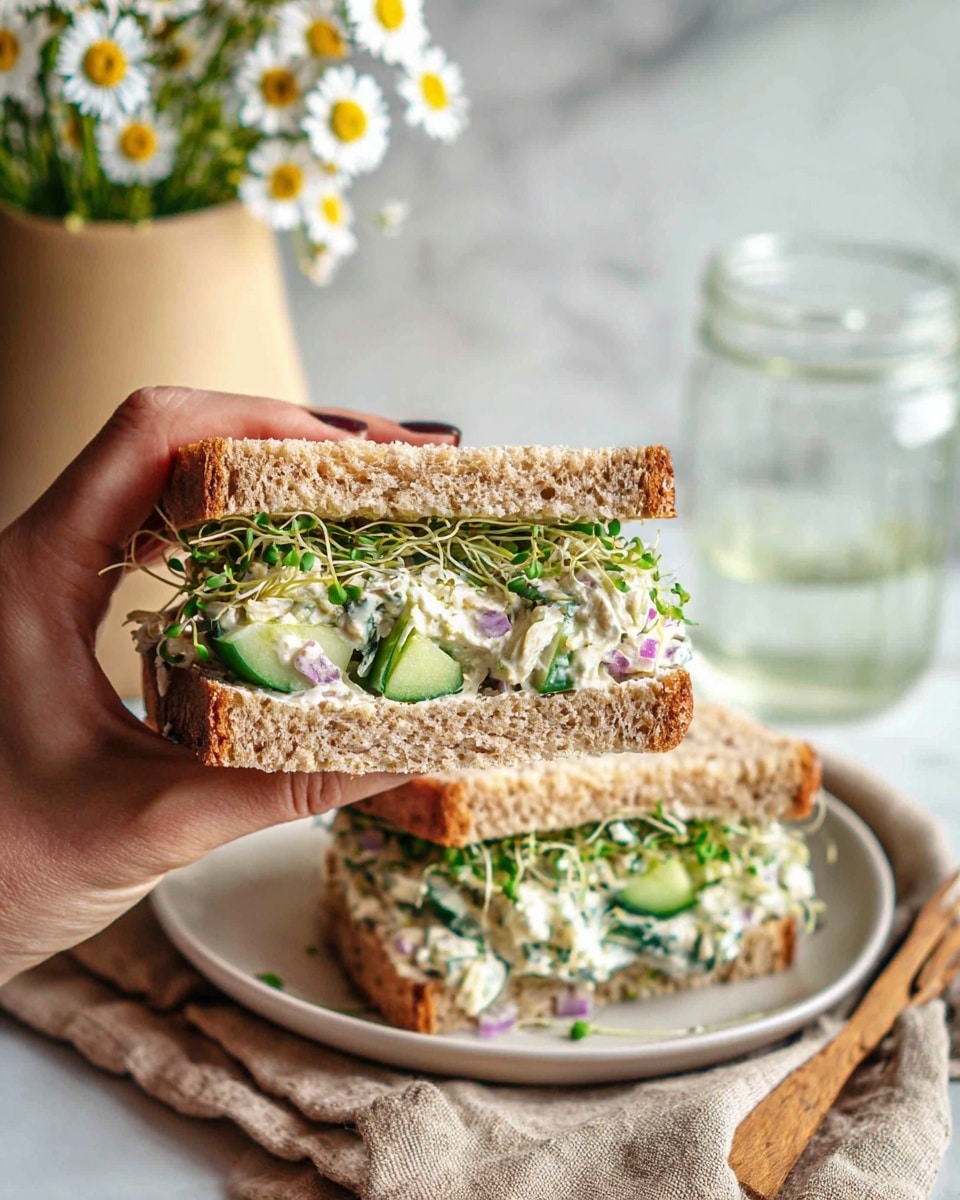 A close-up view of a sandwich held by a woman's hand shows two layers of light brown whole grain bread with a soft texture. Between the bread slices, there is a creamy white filling mixed with pieces of green cucumber, small purple onion chunks, and fine green herbs. On top of the filling, fresh green sprouts add a thin, delicate layer. Another half of the sandwich, similar in appearance, lies below on a white plate placed on a light brown cloth, all set on a white marbled surface. In the background, there are small white and yellow daisies in a beige vase and a clear glass jar with water. photo taken with an iphone --ar 4:5 --v 7