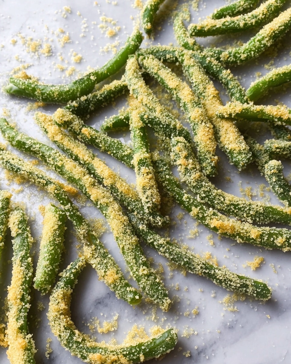 The image shows many green bean sticks spread out on a white marbled surface, each covered with a rough layer of light yellowish breadcrumbs. The beans are mostly whole with a slightly curved shape and a coarse texture from the breadcrumb coating, creating a contrast between the smooth green underneath and the grainy layer on top. Some breadcrumbs are scattered around the beans, adding to the textured effect. photo taken with an iphone --ar 4:5 --v 7