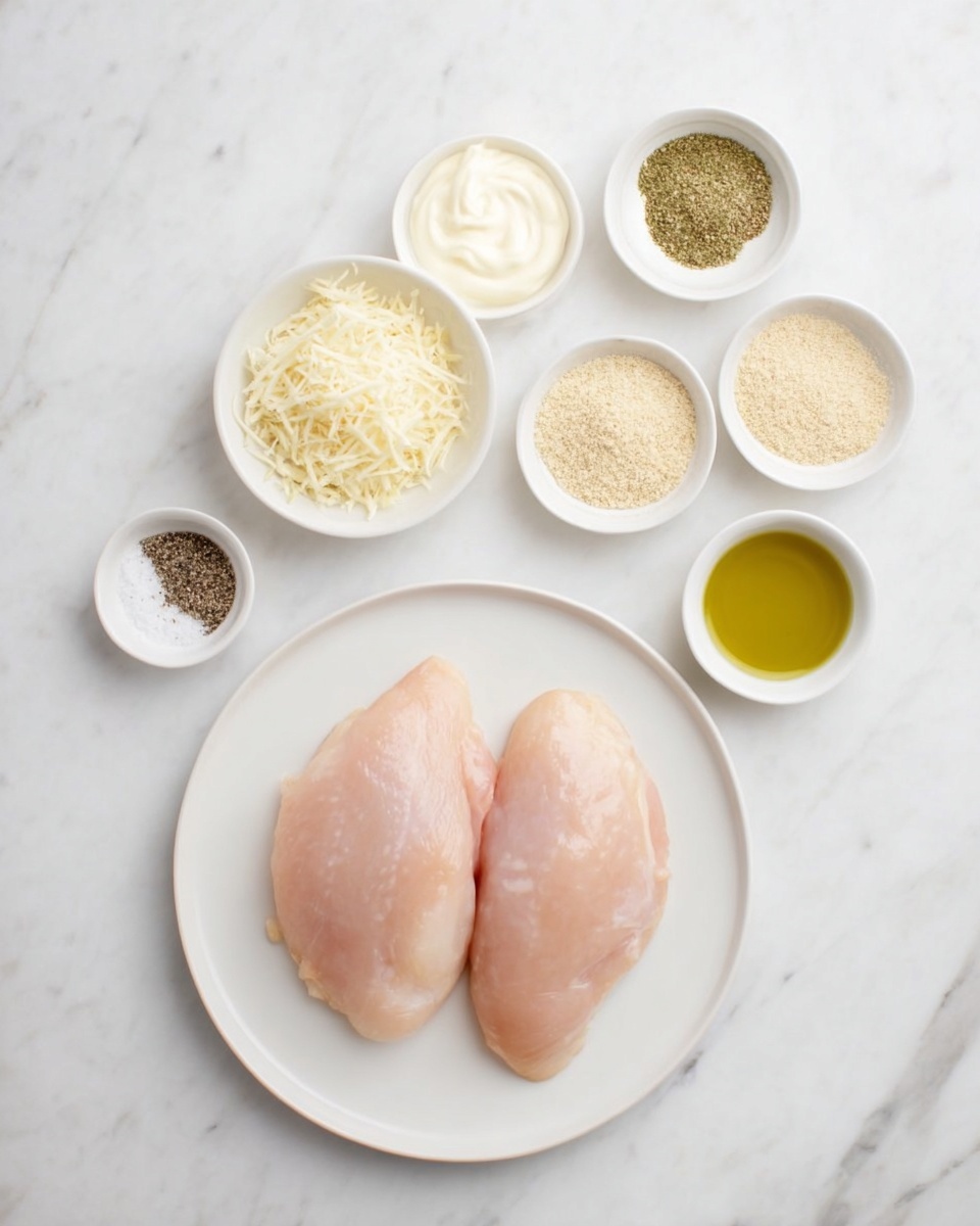 The image shows two raw chicken pieces, light pink and smooth, placed on a white plate at the bottom center. Above the plate, there are six small white bowls arranged in two rows. The top row includes a bowl with creamy white mayonnaise on the left, a bowl with finely grated pale yellow cheese in the center, and a bowl with four different spices: light brown, off-white, green, and tan on the right. Below this row, from left to right, there is a white divided dish containing salt and black pepper, a bowl filled with fine beige breadcrumbs, and a small bowl with yellow-green oil. All items are set on a white marbled surface. Photo taken with an iphone --ar 4:5 --v 7