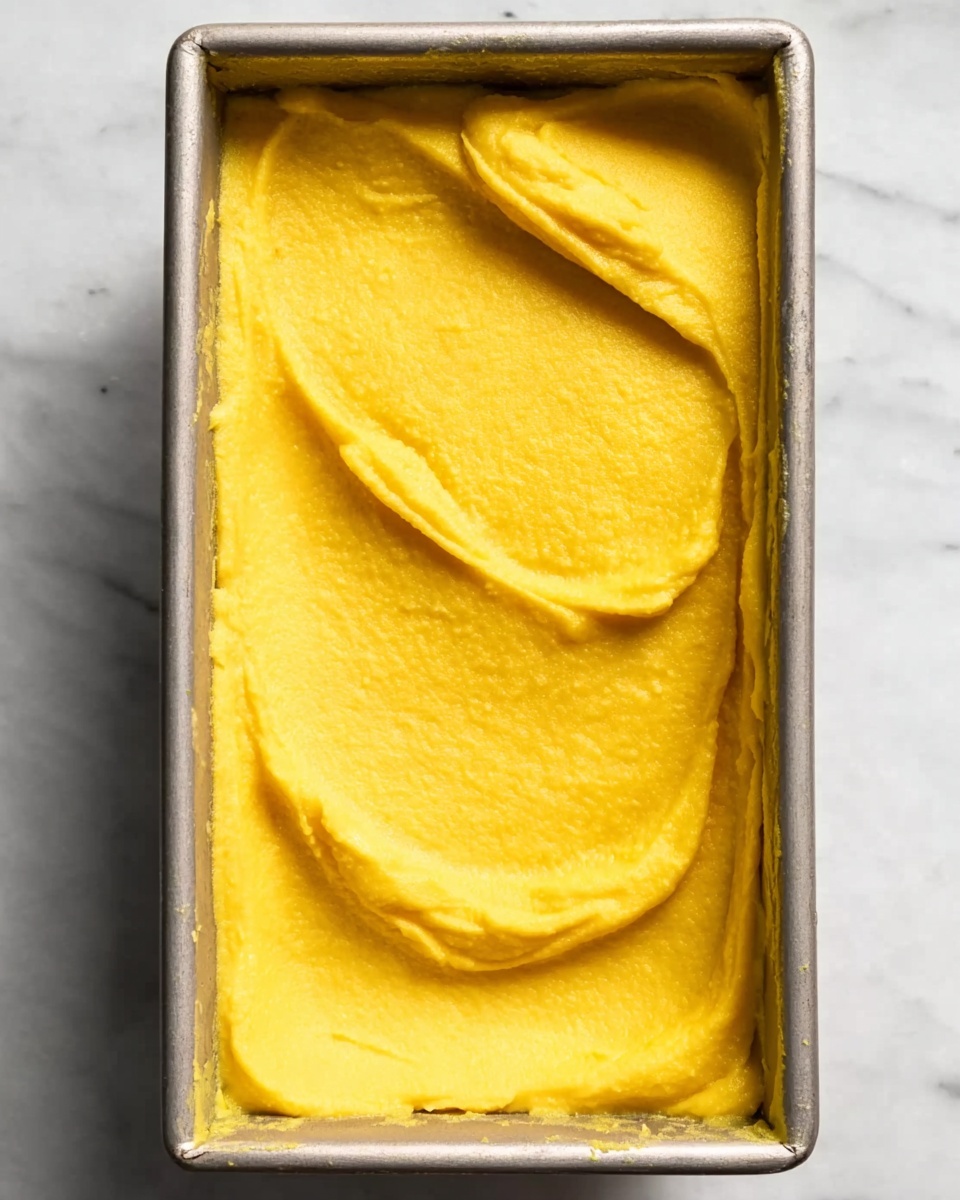 The image shows a close-up of a rectangular container filled with bright yellow ice cream or sorbet with a smooth and creamy texture. A metal ice cream scoop is lifting a rounded ball of the frozen dessert from the container, creating a small hollow space below the scoop. The bright yellow color is consistent throughout the ice cream, giving it a dense and rich look. The container is on a white marbled surface, and the ice cream's surface appears silky with soft edges where it has been scooped. Photo taken with an iphone --ar 4:5 --v 7
