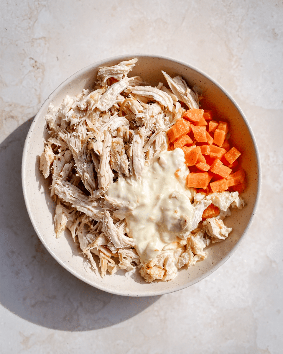 The image shows a white bowl on a white marbled surface filled with three main layers. On the left side, a large portion of shredded light brown chicken is placed. In the center, there is a creamy white sauce layered over the chicken. On the right side, pieces of cooked orange carrots and small bits of white chicken are arranged next to the creamy sauce. The textures vary from soft shredded chicken to smooth sauce and tender carrots. Photo taken with an iphone --ar 4:5 --v 7
