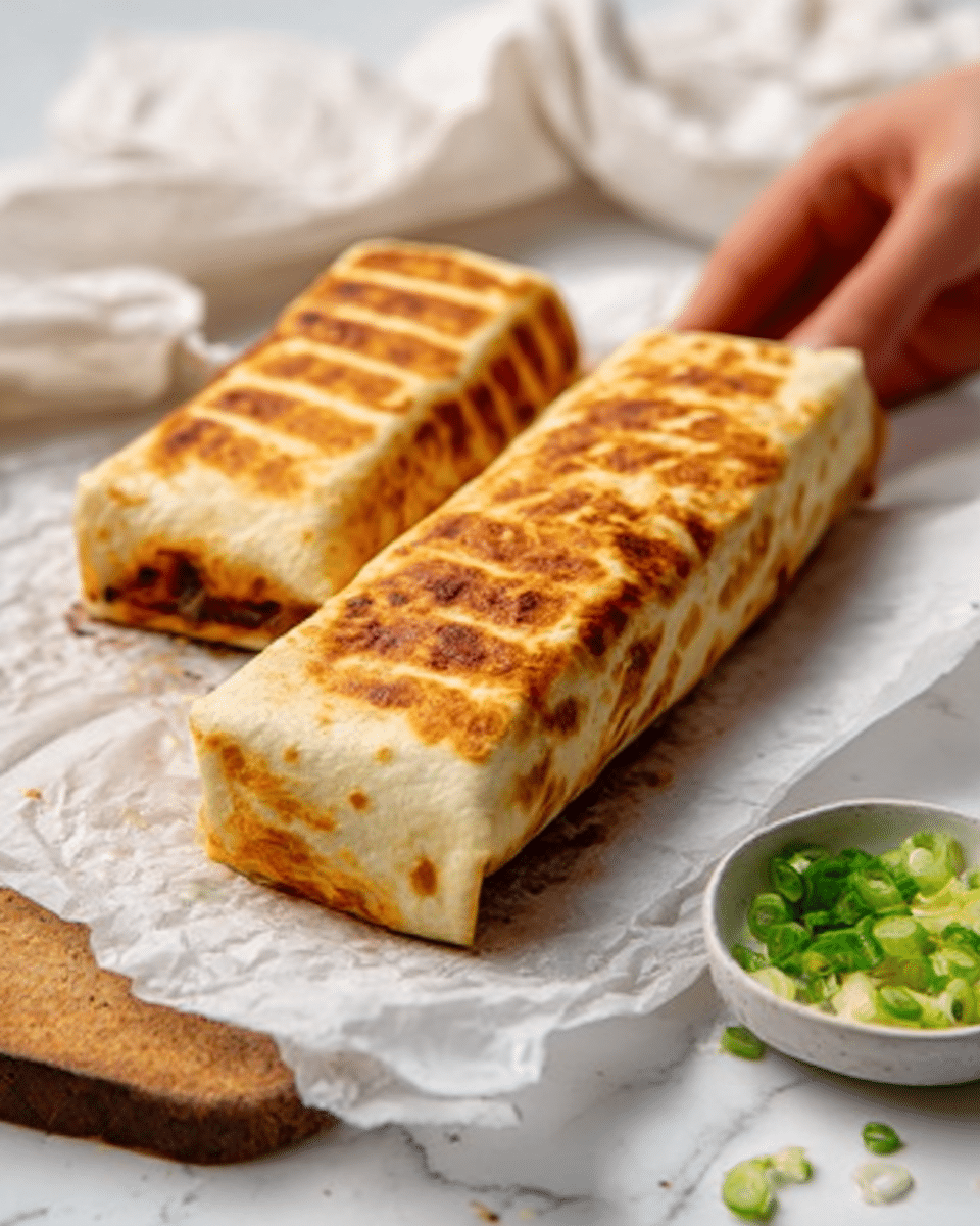 The image shows two long, rectangular wraps with a golden-brown grilled crust on top, lying side by side on white parchment paper. One wrap is in the foreground, showing clear grill marks and a crispy texture, while the other wrap sits partly behind it. To the right, there is a small white bowl with finely chopped green onions. The background is a white marbled surface with soft folds of white cloth. A woman's hand gently holds one side of the front wrap. photo taken with an iphone --ar 4:5 --v 7