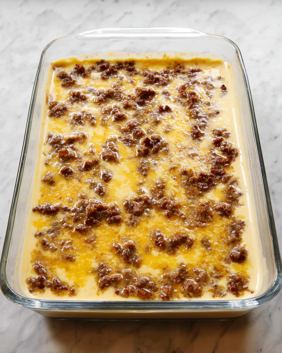 The image shows a clear glass rectangular dish with two visible layers, placed on a white marbled surface. The bottom layer is a thick, light beige base that fills the dish almost to the top edges. The second layer covers the entire surface unevenly with a yellowish liquid that looks like an egg mixture, with small browned bits of cooked meat spread across, creating a textured, slightly rough appearance. The meat bits vary in size and add a darker brown color contrast to the yellow layer beneath. Photo taken with an iphone --ar 4:5 --v 7