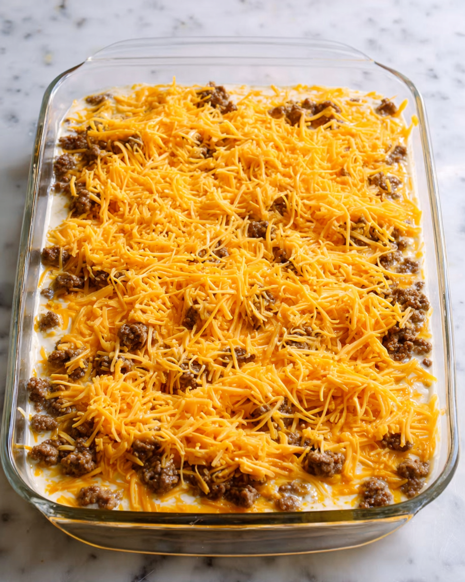 A clear glass baking dish sits on a white marbled surface, filled with a layered casserole. The bottom layer is light in color, possibly a creamy mixture. On top of that, there are scattered pieces of cooked ground meat in dark brown chunks. The topmost layer is a generous amount of shredded orange-yellow cheese spread evenly across the whole dish. Photo taken with an iphone --ar 4:5 --v 7