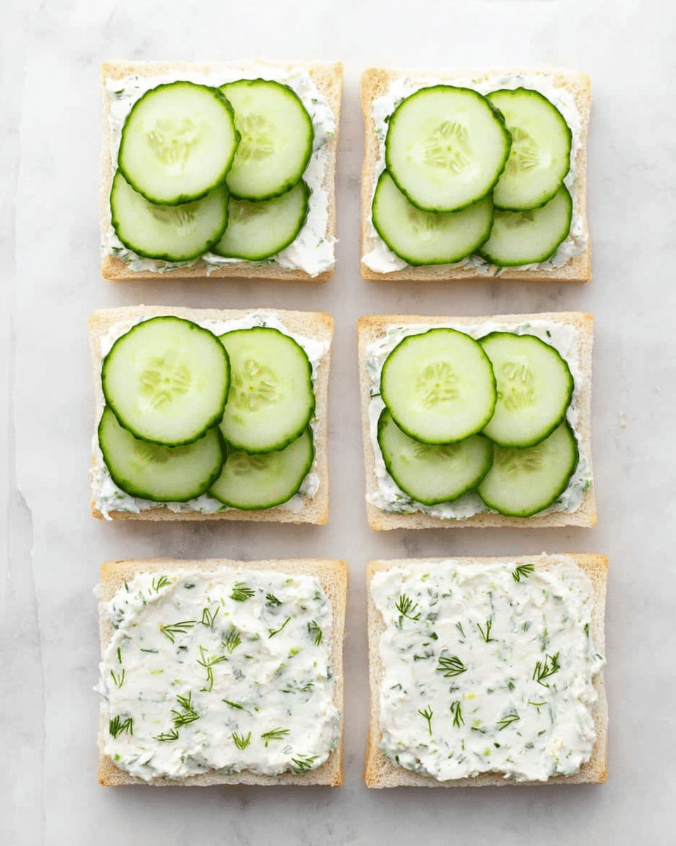 The image shows six square sandwiches on a white plate, all neatly arranged in two rows of three. The top row features sandwiches with a layer of white cream cheese mixed with small green herb pieces as the base, topped by three round slices of bright green cucumber on each sandwich. The bottom row has the same layer of cream cheese with herbs but does not have cucumber slices on top. The background is a white marbled texture, and the overall look is clean and fresh. Photo taken with an iphone --ar 4:5 --v 7