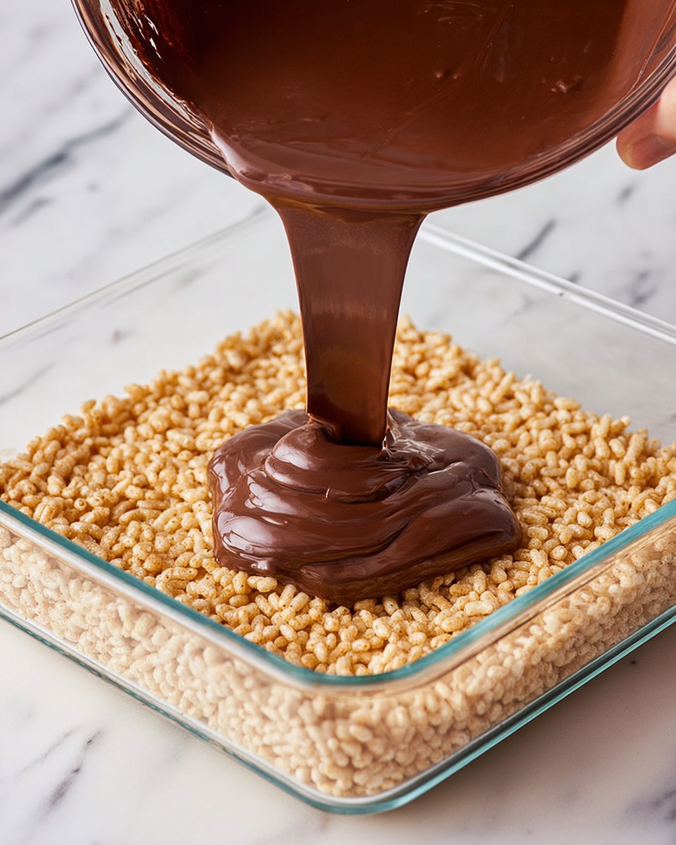 A clear glass square dish holds a base layer of light brown puffed rice cereal, evenly spread out in the dish. Above it, smooth dark brown melted chocolate is being poured from a glass bowl by a woman’s hand, creating a thick, glossy layer that slowly spreads over the cereal. The scene is set on a white marbled surface, emphasizing the contrast between the cereal and the chocolate. The chocolate has a shiny, liquid texture, while the puffed rice looks dry and crunchy. photo taken with an iphone --ar 4:5 --v 7