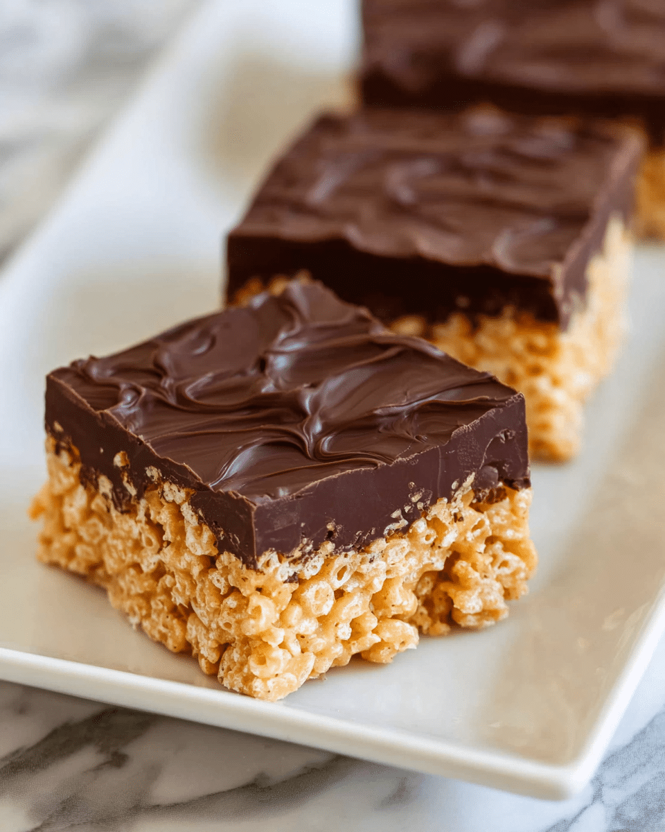 The image shows three square bars placed on a white rectangular plate set on a white marbled surface. Each bar has two clear layers: the bottom layer is thick, golden brown with a crispy texture from puffed rice, while the top layer is a smooth, dark chocolate coating with light, uneven swirls on the surface. The bars have clean edges and the chocolate layer slightly spills over on the sides in places. The focus is on the front bar, with the other two bars slightly blurred in the background photo taken with an iphone --ar 4:5 --v 7