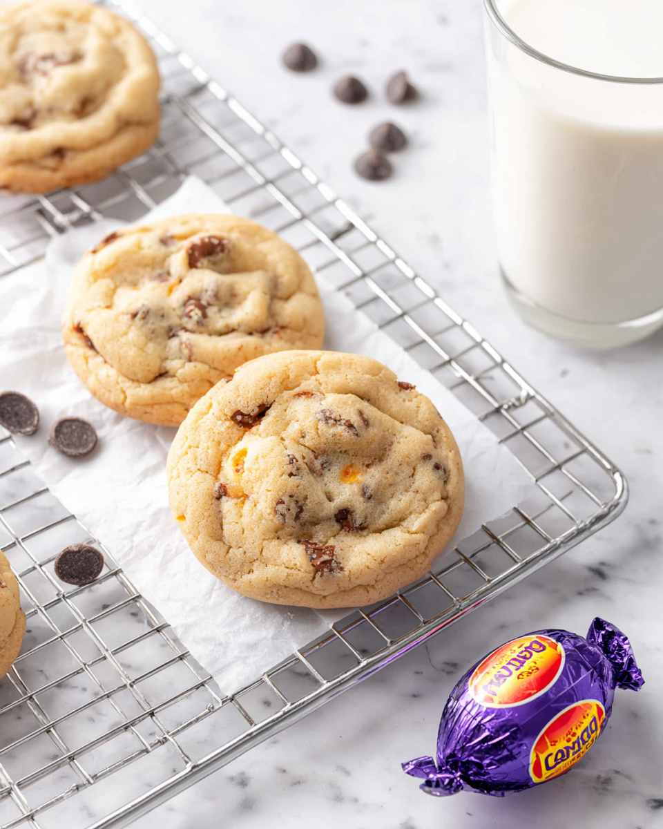 Three soft, thick cookies with light golden brown color and visible chocolate chips are placed on a silver cooling rack that rests on white parchment paper. Around the rack, there are scattered dark chocolate chips and a wrapped Cadbury Creme Egg with purple, yellow, red, and orange foil. In the top right corner, part of a clear glass filled with white milk sits on a white marbled surface. photo taken with an iphone --ar 4:5 --v 7