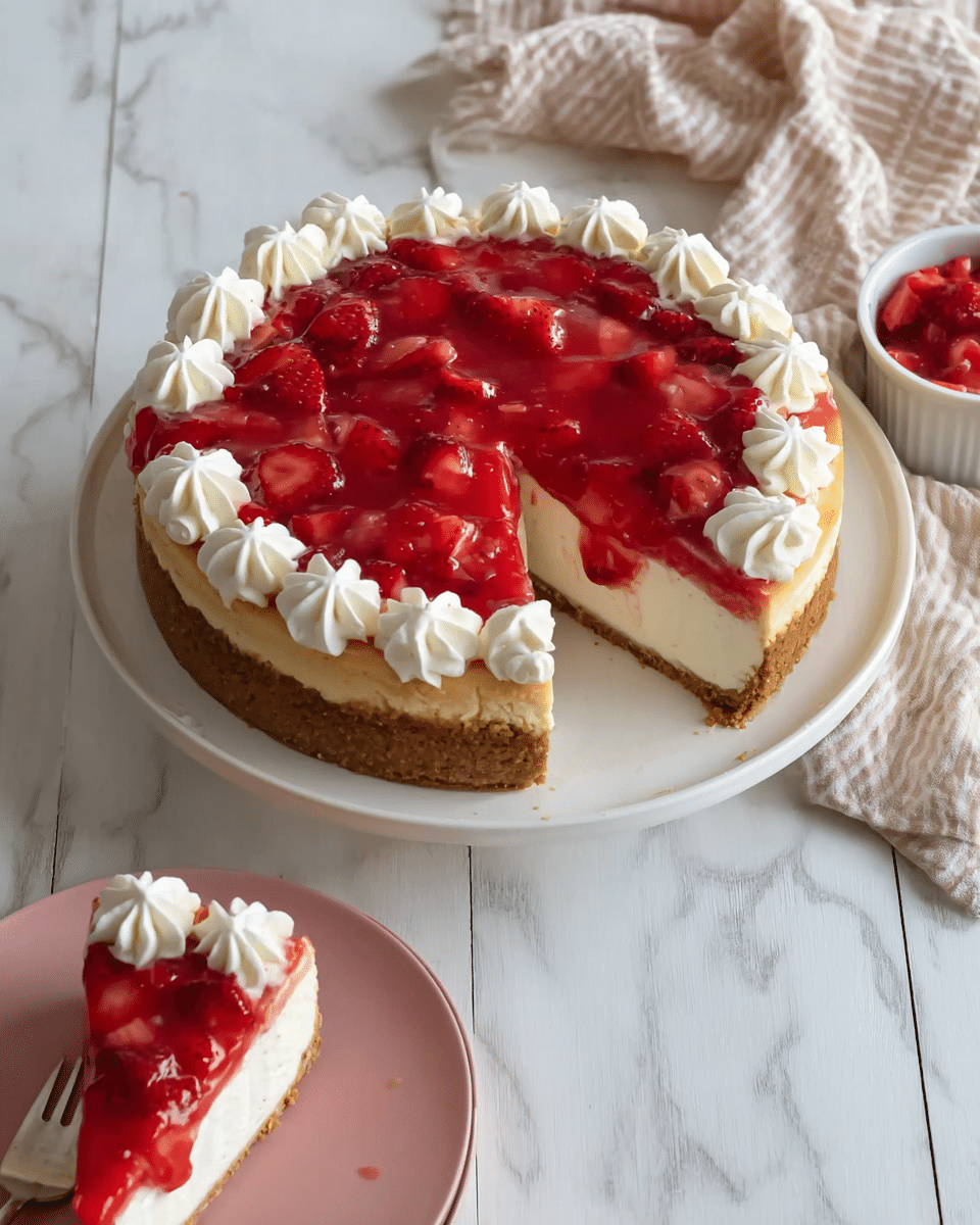 The image shows a round strawberry cheesecake with three layers, on a white plate. The bottom layer is a brown crumb crust, the middle layer is creamy white cheesecake, and the top layer is a bright red strawberry topping with visible strawberry pieces. Around the edge of the cheesecake, there are evenly spaced white whipped cream stars making a ring. A slice has been taken out and is placed on a pale pink plate below. The pale pink plate shows the slice from the side, clearly displaying the three layers. The background is a white marbled surface with a light beige cloth and a small white bowl of strawberry topping nearby. Photo taken with an iphone --ar 4:5 --v 7