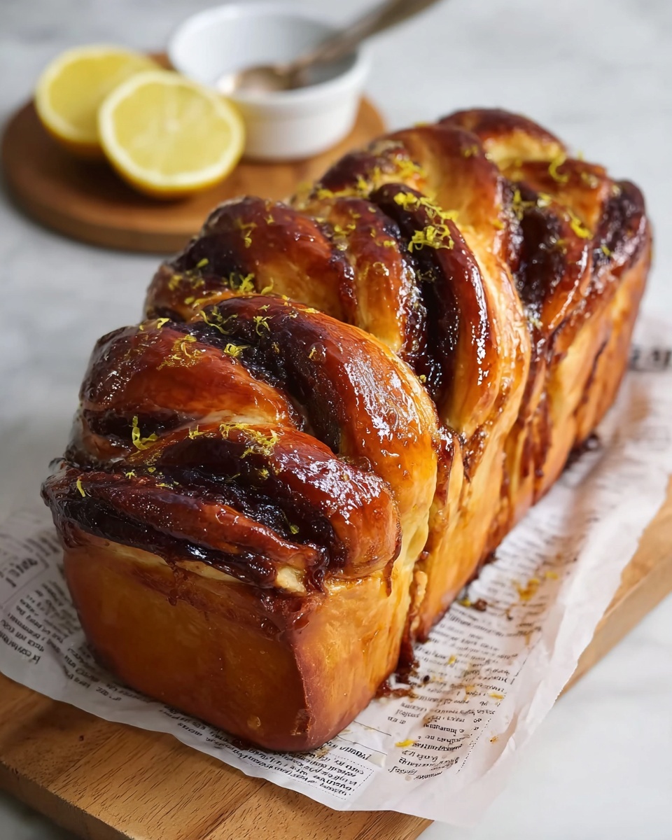The image shows a golden-brown twisted bread loaf with five visible thick layers, each separated by a dark, glossy filling that looks rich and sticky. The top of the loaf has a shiny glaze with light yellow zest sprinkled on it. The loaf is placed on a piece of paper with text on it, resting on a white marbled surface. Behind the loaf, there is a small white dish with a spoon inside and two lemon slices on a wooden board. The photo taken with an iphone --ar 4:5 --v 7
