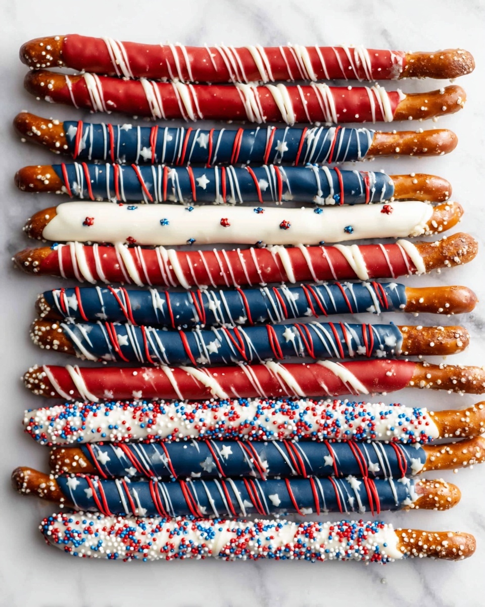 A group of pretzel sticks neatly arranged on a white marbled surface, each decorated with colorful coatings and drizzles. The top layer has four pretzels coated in solid red with thin white drizzle lines running lengthwise. Below them, three pretzels have three sections of coating: dark blue on one end, white in the middle, and red on the other end, all covered with thick lines of matching color drizzle on top. The next set has four pretzels fully coated in white with very thin red and blue diagonal lines alternating along their lengths. Below, four pretzels are coated fully in dark blue with thin diagonal red drizzle lines. The last set at the bottom has three pretzels covered fully in white with red and blue small round sprinkles evenly spread on top. All pretzel sticks reveal their uncoated ends showing their natural brown color and salt grains. Photo taken with an iphone --ar 4:5 --v 7