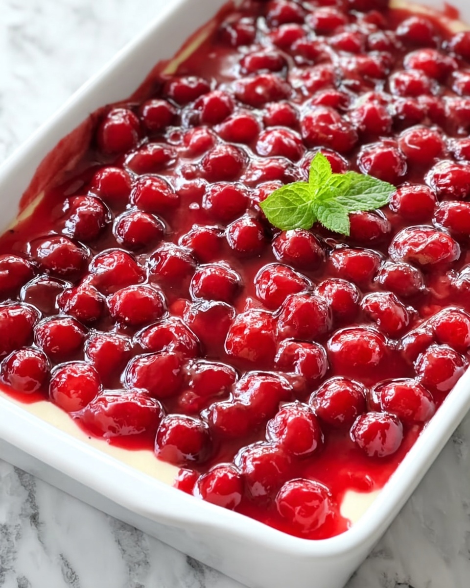 The image shows a white rectangular dish filled with a dessert that has two main layers. The bottom layer is mostly hidden but appears creamy and light-colored. The top layer is thick with bright red cherries coated in a shiny, smooth glaze that covers the whole surface evenly. In the center, there is a small fresh green mint leaf for decoration, standing out against the red cherries. The dish is placed on a white marbled surface, and the photo looks clear and close up, showing the texture of the cherries well. photo taken with an iphone --ar 4:5 --v 7
