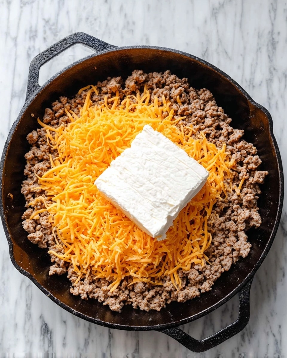 A black cast iron skillet filled with a base layer of cooked ground meat in a light brown color, evenly spread across the pan. On top of the meat, toward the center, there is a layer of bright orange shredded cheese and a block of white cream cheese placed side by side. The skillet is placed on a white marbled surface. Photo taken with an iphone --ar 4:5 --v 7