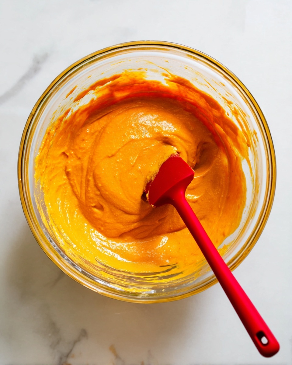 A clear glass mixing bowl shows one layer of smooth, thick bright orange batter inside, with a red spatula inserted in the center. The spatula handle extends out of the bowl, resting on the edge, and the batter clings slightly to the sides of the bowl, showing a creamy texture. The bowl is placed on a white marbled surface, with soft, natural light highlighting the vivid color and smooth surface of the batter. photo taken with an iphone --ar 4:5 --v 7