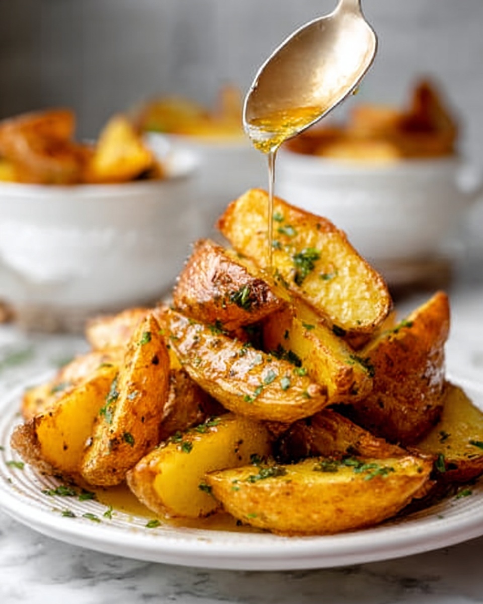 The image shows a white plate stacked with crispy golden-brown potato wedges, slightly shiny with a light coat of oil and sprinkled with fresh green herbs. Above the plate, a spoon held by a woman's hand is drizzling a glossy sauce over the potatoes. The background features a soft-focus white marbled surface, with white bowls filled with similar food blurred behind the main plate. The lighting highlights the textured surface of the potato wedges, showing their crunchy edges and tender inside. Photo taken with an iphone --ar 4:5 --v 7