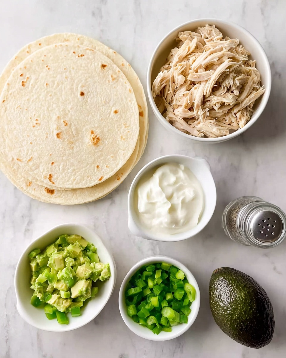 The image shows a white marbled surface with a few soft white tortillas stacked on the left. To the right of the tortillas, there are three small white bowls: the top bowl contains shredded light beige chicken, the middle bowl has thick white sour cream, and the bottom bowl holds chopped green bell peppers. Above these bowls, another small white bowl contains sliced green onions. There is a whole dark green avocado placed to the right of the chicken bowl, and a clear glass pepper shaker is located near the sour cream bowl. photo taken with an iphone --ar 4:5 --v 7