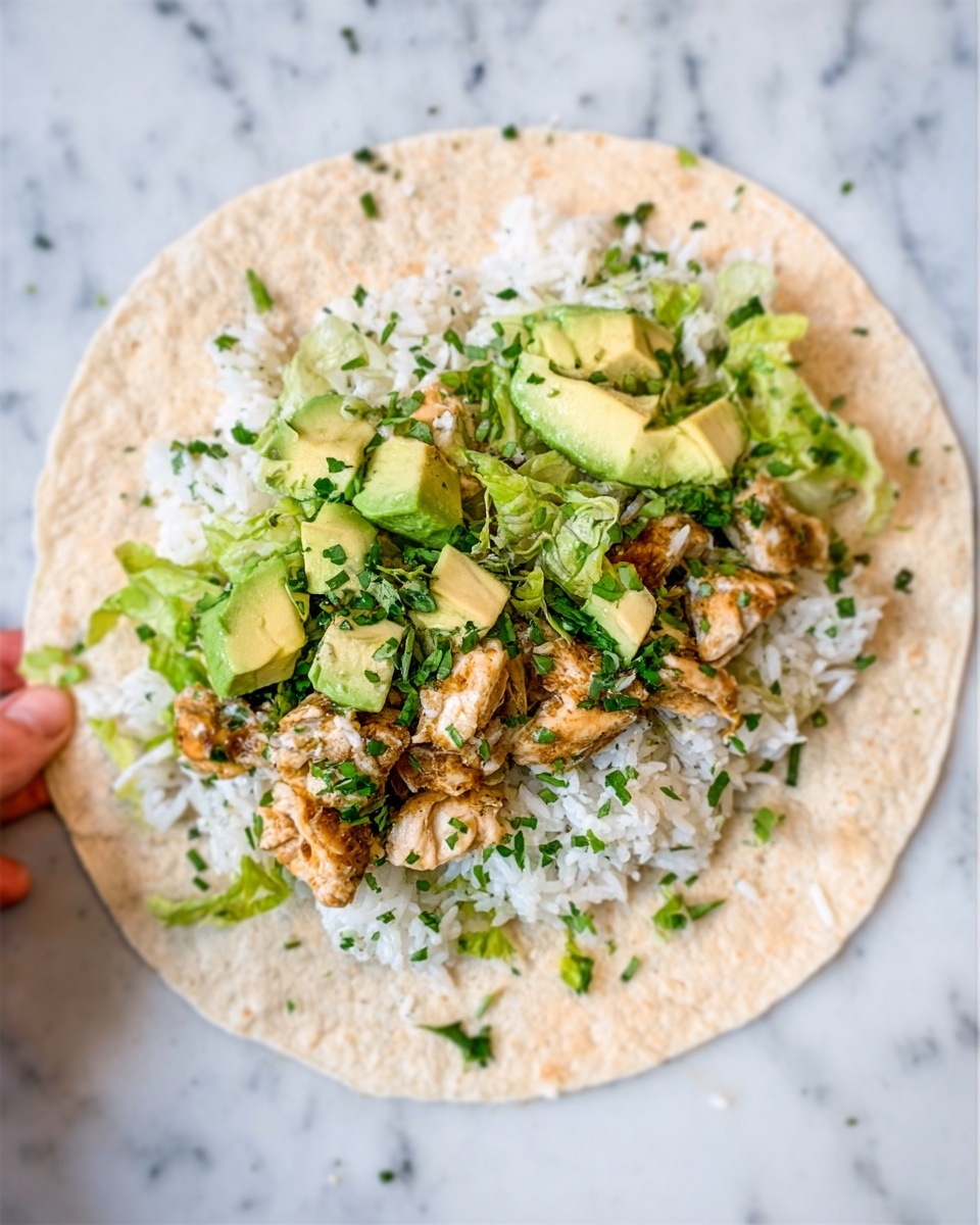 The image shows an open soft tortilla flat on a white marbled surface, topped with several visible layers. The bottom layer is white rice spread evenly, followed by pieces of cooked, golden brown chicken scattered on top. Fresh green lettuce and sliced light green avocado slices are placed over the chicken. The dish is finished with a sprinkle of finely chopped fresh herbs in green on the top. A woman's hand is holding the tortilla from the side, slightly lifting it. Photo taken with an iphone --ar 4:5 --v 7