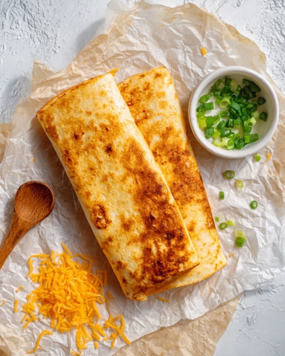The image shows two rectangular quesadillas with a golden-brown, crispy exterior placed side by side on crumpled white parchment paper. To the right of the quesadillas is a small white bowl filled with finely chopped green onions, while in the lower left corner there is a small pile of shredded orange cheese. A wooden spoon rests diagonally on the parchment paper, near the cheese. The background is a white marbled texture, creating a clean and bright setting. photo taken with an iphone --ar 4:5 --v 7