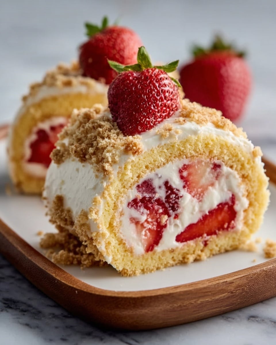 This image shows two slices of a strawberry creamy cake roll placed on a white plate with a white marbled surface underneath. Each slice has a soft yellow sponge cake layer wrapped around a thick white cream filling mixed with visible red strawberry pieces inside. On top of the rolls, there are whole bright red strawberries and a sprinkle of light brown crumb topping. The texture of the cream looks smooth and fluffy, contrasting with the spongy cake and crumbly topping. photo taken with an iphone --ar 4:5 --v 7