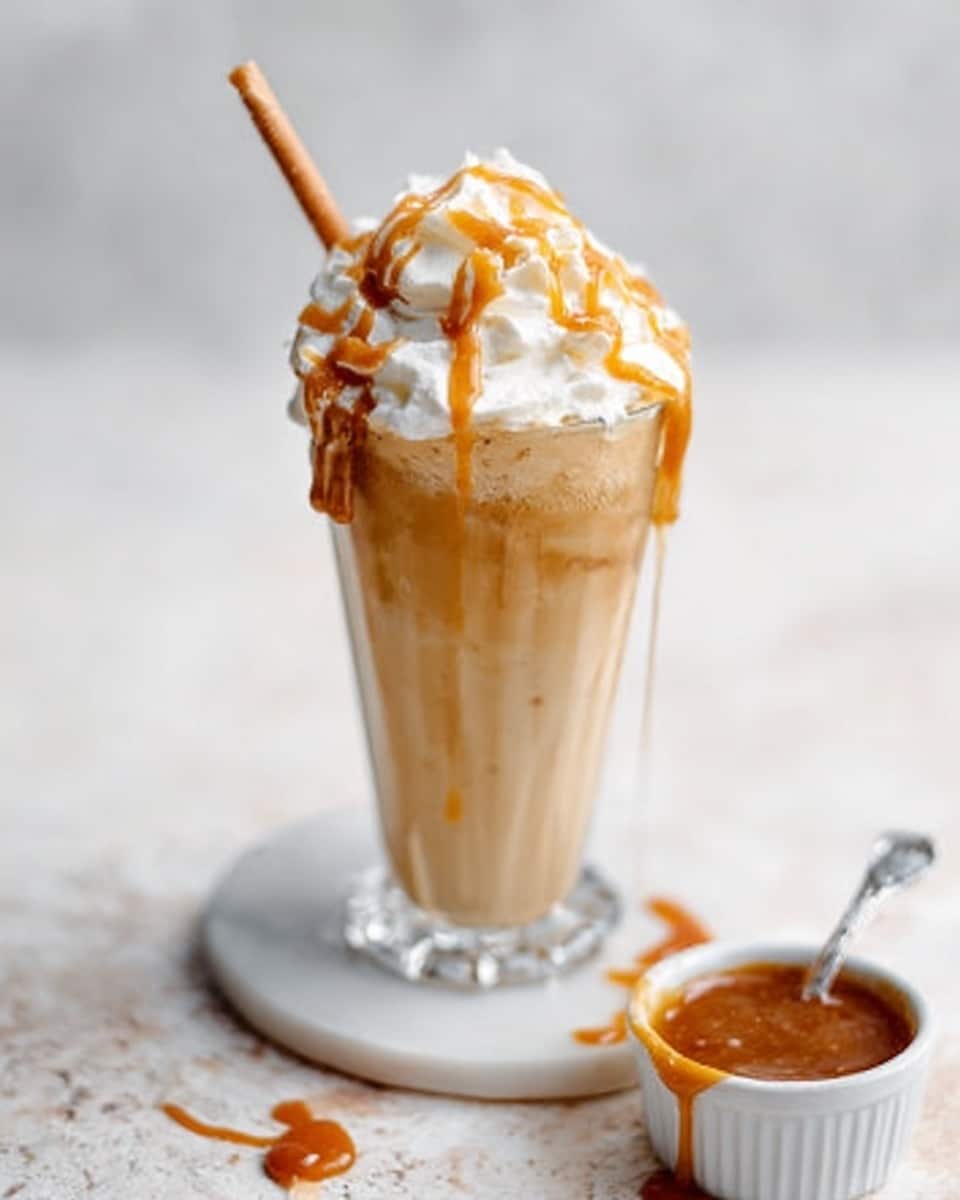 The image shows a tall clear glass filled with a creamy caramel drink. The drink has thick white whipped cream on top, drizzled with shiny caramel syrup. A caramel stick is placed inside the whipped cream, leaning slightly to one side. The glass is set on a white marbled surface with a small white bowl filled with caramel sauce beside it. Near the bowl, a woman's hand holds a spoon with caramel sauce dripping from it. The background is soft and out of focus, highlighting the caramel drink. photo taken with an iphone --ar 4:5 --v 7