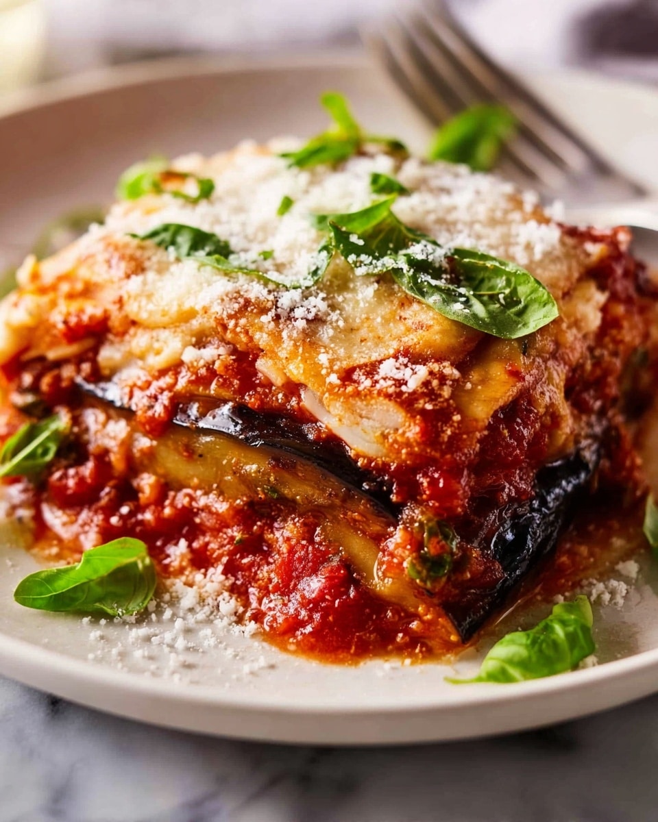 A close-up view of a slice of lasagna on a white plate, showing four layers: a bottom layer of slightly charred, dark purple eggplant, a thick layer of rich red tomato sauce with visible chunks, a glossy melted cheese layer with a light golden brown color on top, and fresh green basil leaves sprinkled over it. The top layer is dusted with finely grated white cheese. The dish is placed on a white marbled surface with a fork slightly visible on the right side in the background. Photo taken with an iphone --ar 4:5 --v 7