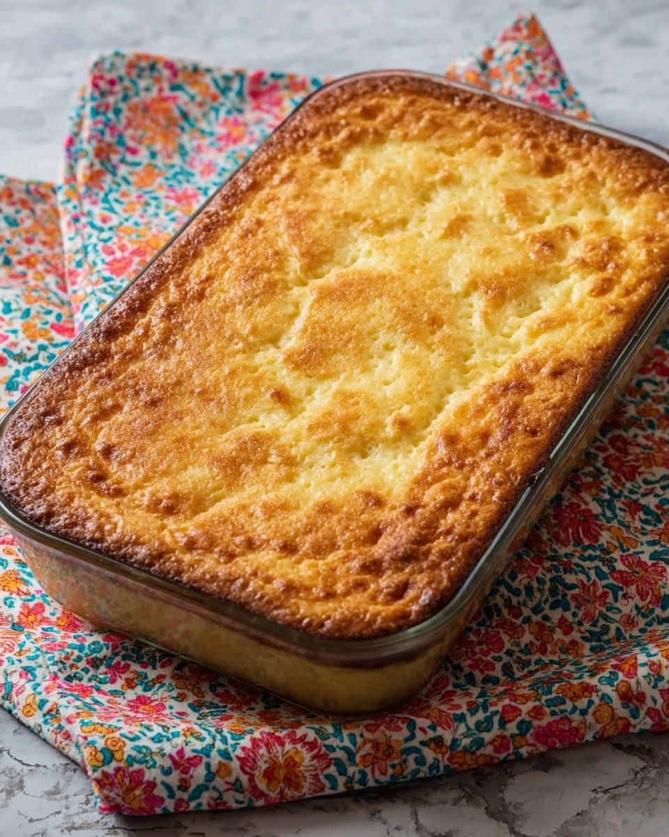 A rectangular glass baking dish filled with a thick, golden brown baked top layer that looks crispy and slightly uneven in texture. The edges are a deeper golden color, showing a well-baked crust, while the center is lighter and has small air bubbles giving a fluffy look underneath the crust. The dish sits on a colorful floral cloth, and the surface beneath is a white marbled texture. photo taken with an iphone --ar 4:5 --v 7