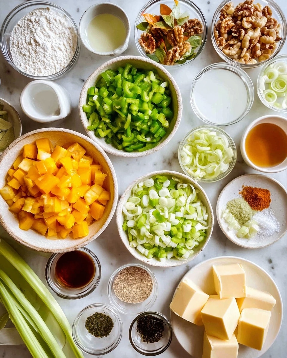 The image shows many small bowls and plates on a white marbled surface, each filled with different colorful ingredients. There is a bowl of bright yellow diced squash, a bowl of chopped green bell peppers, and a bowl of chopped white onions. Thinly sliced green celery and leek rings lie directly on the surface. Other bowls contain white flour, small pieces of cooked nuts with orange bits, and a few dried bay leaves on a small plate. There are also clear bowls with a white liquid, honey-colored liquid, and water. Smaller bowls hold dried herbs, vanilla extract, and ground spices of brown and black colors. One white plate holds neat slices of pale yellow butter. Everything is arranged neatly, filling the scene with a mix of fresh, dry, and wet ingredients. Photo taken with an iphone --ar 4:5 --v 7