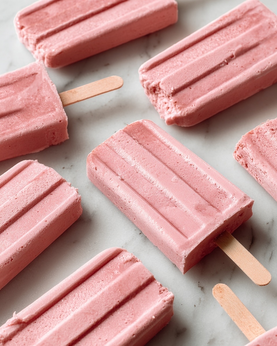 The image shows several pink popsicles with a creamy texture, arranged flat on a white marbled surface. Each popsicle has three slight ridges on top, giving it a neat, segmented look. They have wooden sticks that extend fully from one end, and some popsicles have a smooth, rounded shape while others show a bite taken out, revealing the inside texture, which is the same light pink color. The lighting is soft, highlighting the popsicles' smooth and slightly moist surface, with a uniform layout that creates a pleasing pattern. photo taken with an iphone --ar 4:5 --v 7