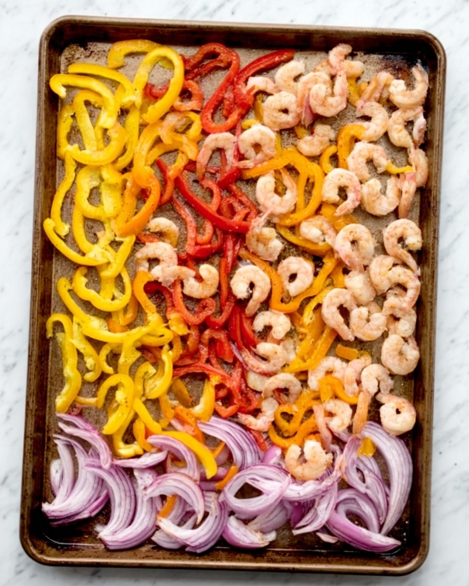 The image shows a baking tray filled with three types of sliced bell peppers layered across the bottom: yellow and red peppers mixed together on the left and right edges, with orange bell peppers in the middle. On top of the peppers are a large number of shrimp, pale pink and evenly spread across the tray. At the bottom edge of the tray are slices of red onion, adding a light purple color and layered along the edge. The tray is set on a white marbled surface. Photo taken with an iphone --ar 4:5 --v 7