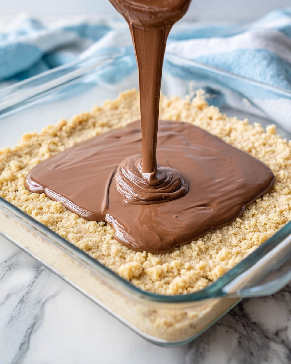 The image shows a close-up of a homemade dessert in a clear glass rectangular baking dish. The bottom layer is a rough, pale golden crust that looks crumbly and thick. On top, a smooth and shiny milk chocolate layer is being poured from above, forming a thick puddle that spreads out evenly in the middle of the crust. The dessert is set on a white marbled surface, and a soft blue and white cloth can be seen faintly in the background. The textures of the crust and chocolate create a clear contrast between crumbly and creamy. Photo taken with an iphone --ar 4:5 --v 7