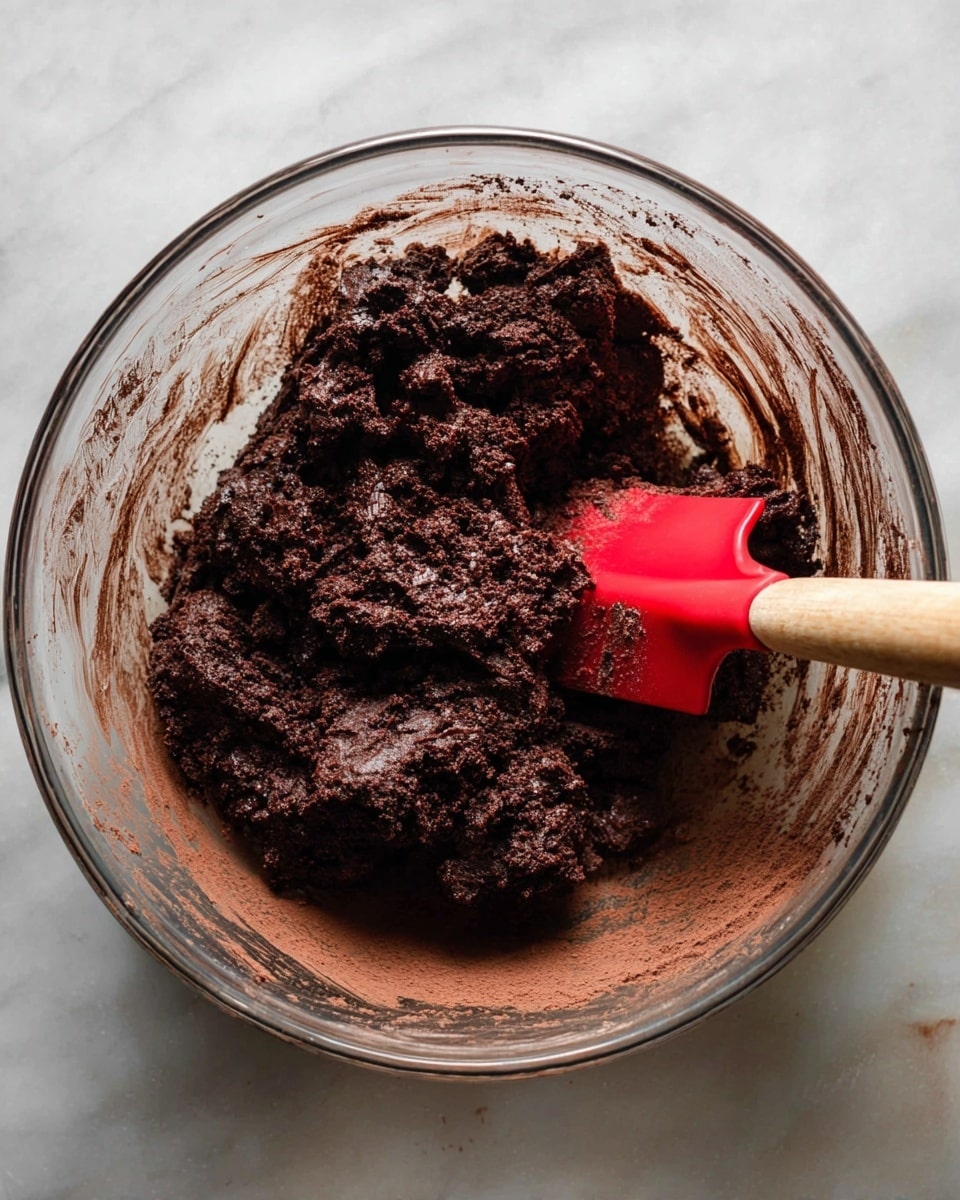 A clear glass bowl sits on a white marbled surface filled with dark brown thick chocolate dough. The dough looks dense and slightly textured with uneven lumps. Around the sides of the bowl, there are traces of the dough and cocoa powder. A red spatula with a wooden handle is partially buried in the dough on the right side, with some dough clinging to it. The whole setup shows the mix ready for the next step of baking, photo taken with an iphone --ar 4:5 --v 7