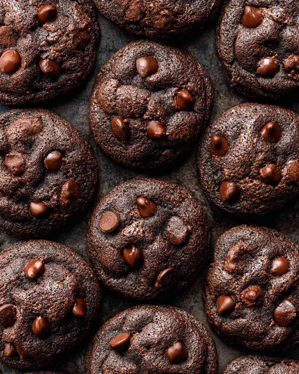 The image shows a close-up view of many dark brown cookies shaped in round forms, each with a slightly rough and cracked surface texture. The cookies have multiple shiny chocolate chips embedded on the top layer, varying in size and scattered across each piece. The cookies lie close together on a dark baking sheet, creating a dense arrangement with small gaps where more chocolate chips are visible. The overall color is a rich dark brown with hints of reddish in the chocolate chips, giving a warm and fresh-baked look. photo taken with an iphone --ar 4:5 --v 7