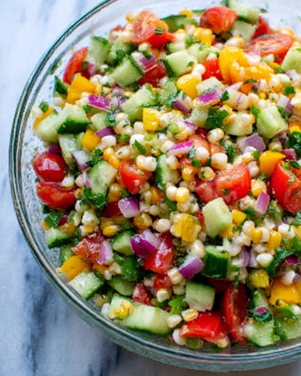 The image shows a clear glass bowl filled with a colorful salad on a white marbled surface. The salad has small white corn kernels, bright red tomato pieces, green cucumber chunks, yellow bell pepper bits, red onion pieces, and chopped green herbs mixed together. The textures range from soft tomatoes to crunchy corn and cucumbers, creating a fresh and vibrant look. The salad is well-mixed with layers of different colors evenly spread. photo taken with an iphone --ar 4:5 --v 7
