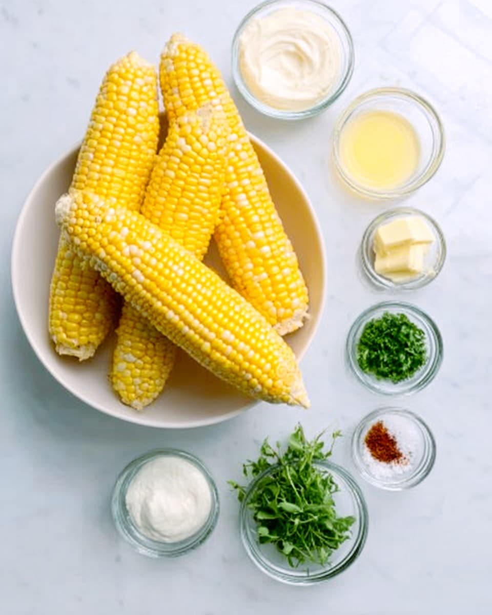 The image shows four cobs of corn with bright yellow kernels placed in a white bowl. Around the bowl, there are eight small clear bowls arranged on a white marbled surface. These bowls contain various ingredients: a creamy white powder, white sauce, melted yellow butter, white thick cream, a small amount of clear liquid, chopped green herbs, another bunch of fresh green chopped herbs, a small pinch of red spice, and a tiny bowl of white salt. The scene is lit with soft natural light, giving the colors a fresh and clean look. photo taken with an iphone --ar 4:5 --v 7