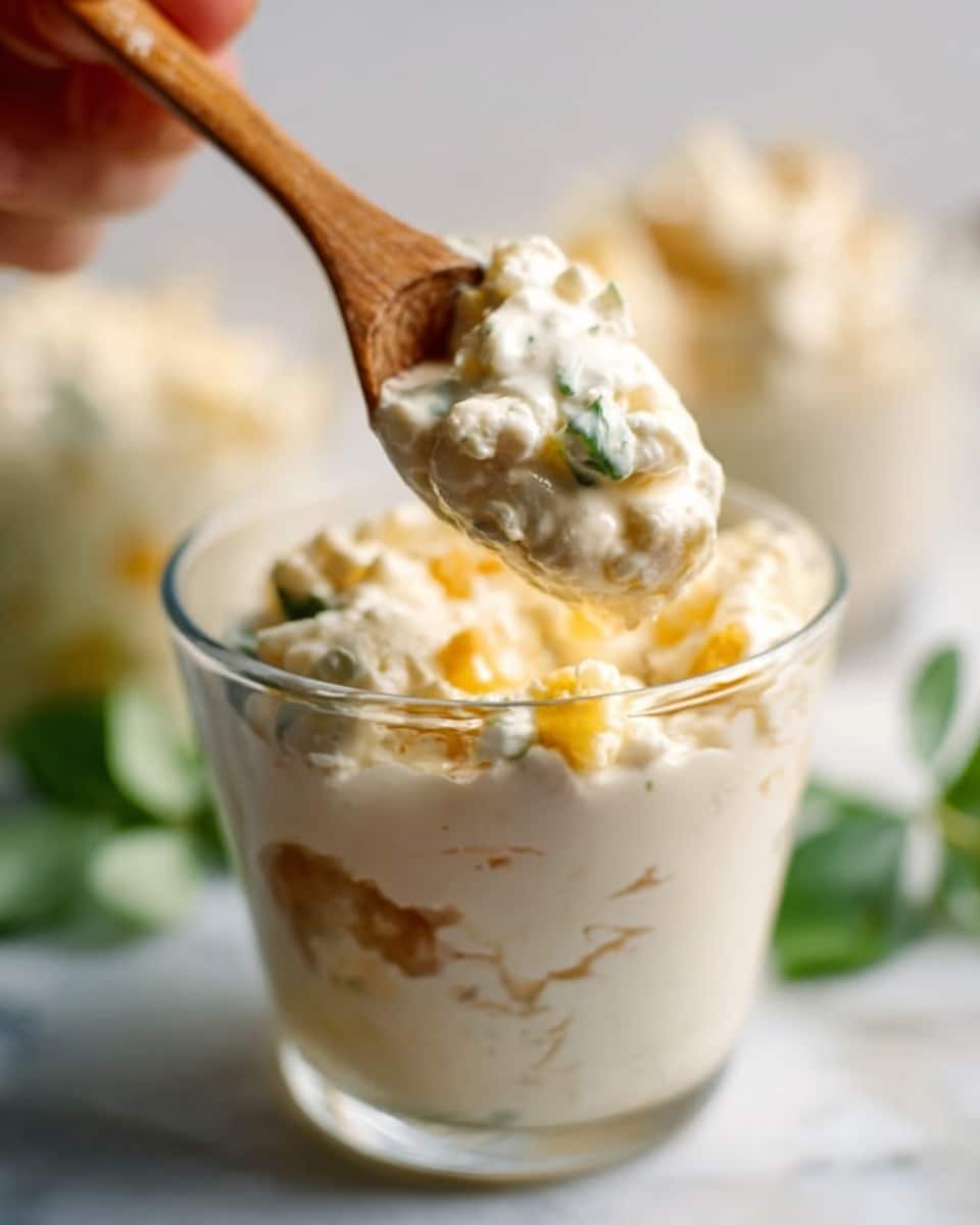 A close-up view of a clear glass filled with a creamy mixture that has visible chunks of yellow and white pieces, likely cheese or vegetables, mixed with a smooth white sauce. A wooden spoon held by a woman's hand is lifting the mixture out of the glass, showing the thick and rich texture with small bits scattered throughout. In the background, hints of a white marbled surface and some blurred green leaves or herbs add a fresh touch to the scene. photo taken with an iphone --ar 4:5 --v 7
