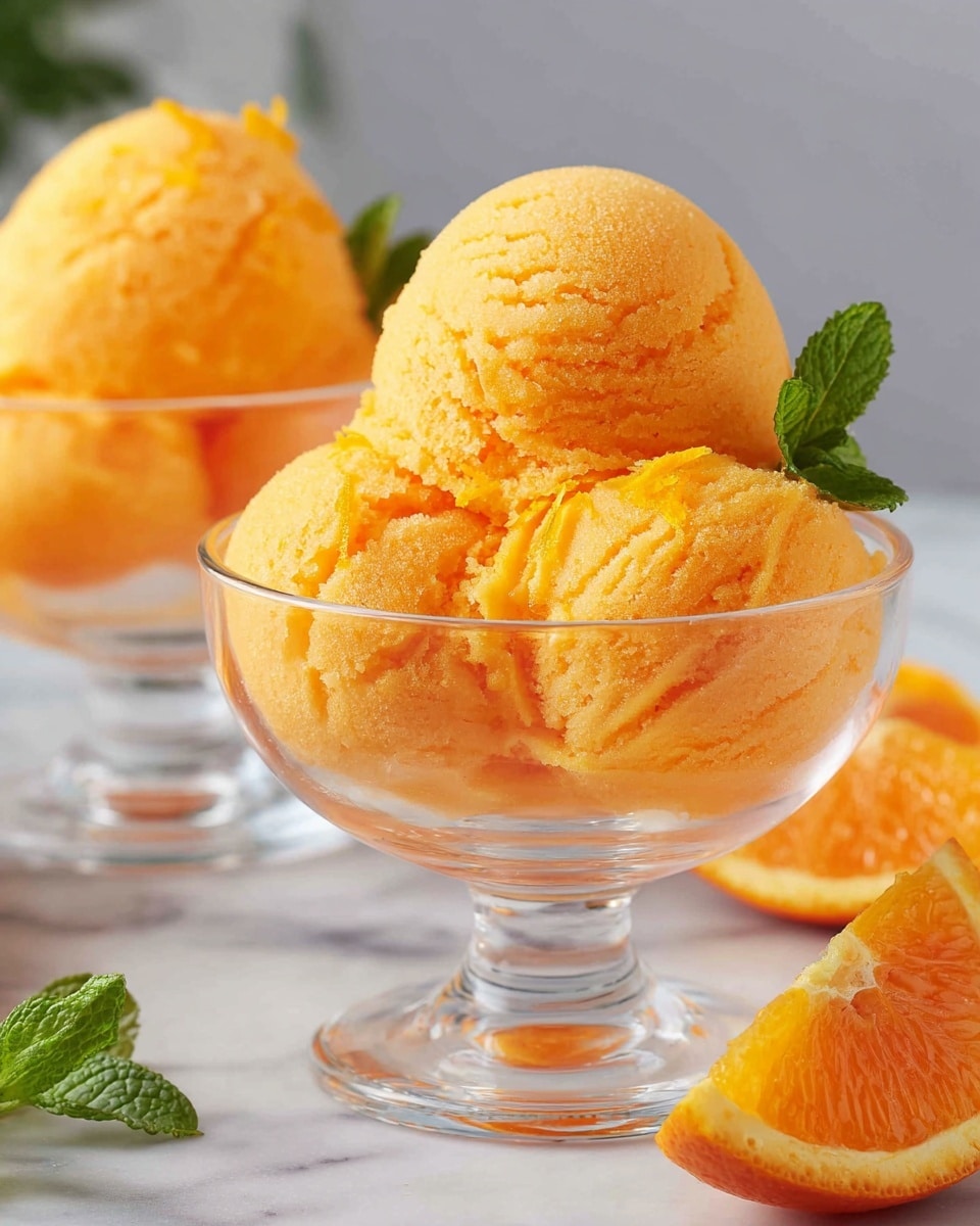 The image shows two clear glass bowls filled with three scoops each of bright orange sorbet. The sorbet has a smooth yet slightly textured look, with small lines and curves visible on the surface. The front bowl is garnished with a small green mint sprig on top and a few thin orange zest strips. On the right side in the foreground, there is a sliced orange wedge with visible juicy segments. The background is a white marbled surface with soft lighting giving a fresh and clean look. photo taken with an iphone --ar 4:5 --v 7
