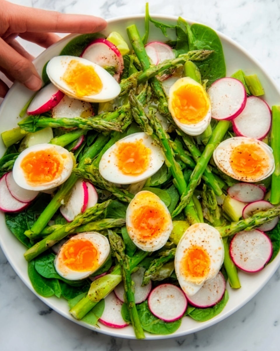 The image shows a fresh salad in a white bowl placed on a white marbled surface. The salad has several layers: the base is made of bright green spinach leaves, scattered over with thin, round slices of pale pink radishes. On top, long, tender green asparagus spears are placed evenly. There are six halved soft-boiled eggs with firm white edges and vibrant orange yolks arranged across the salad. A woman's hand is reaching toward the bowl from the top left corner. photo taken with an iphone --ar 4:5 --v 7