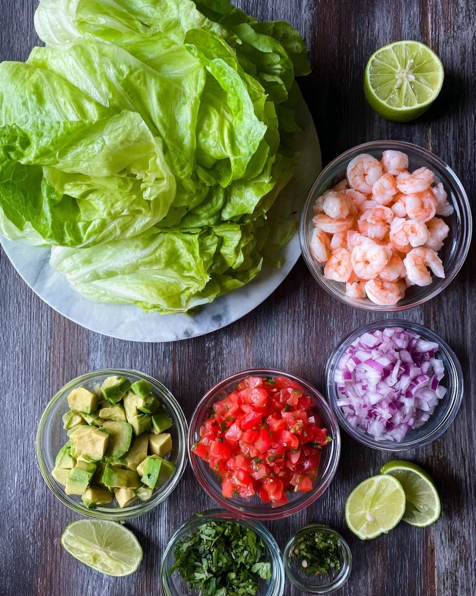 The image shows ingredients laid out on a dark wooden surface with a white marbled background. There is a white plate at the top center filled with large, bright green lettuce leaves that look fresh and crisp. Below the plate, there are five small glass bowls arranged in a semicircle. From left to right, the bowls contain diced avocado with a soft green color and creamy texture, pink cooked shrimp pieces with a slightly shiny surface, bright red chopped tomatoes, finely chopped purple onions, and a small amount of finely chopped green herbs. Around the bowls are three lime halves with a juicy light green inside, placed randomly on the surface. photo taken with an iphone --ar 4:5 --v 7