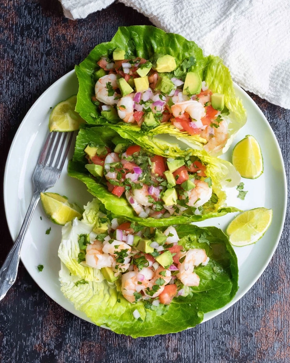 The dish shows three wraps made from bright green lettuce leaves arranged on a white plate. Each wrap is filled with a mix of small pink shrimp, chopped red tomatoes, diced pale green avocado, finely chopped light purple onions, and green herbs sprinkled on top. On the plate, near each wrap, there are small, light yellow lime wedges. A silver fork is placed to the left of the plate on a dark textured surface, and a white cloth is partly visible in the upper right corner. photo taken with an iphone --ar 4:5 --v 7