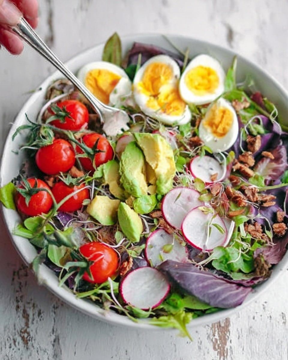 The image shows a white bowl full of a fresh, colorful salad on a white marbled surface. The salad has many layers starting with mixed green and purple leaves as the base. On top, there are bright red cherry tomatoes still on the vine, sliced boiled eggs with yellow yolks, thinly sliced radishes with white and purple edges, and slices of creamy green avocado. There are also small bits of crunchy brown nuts or seeds scattered around. A woman's hand is holding a fork above the bowl, ready to eat. The whole scene looks fresh and healthy with a mix of bright and natural colors. photo taken with an iphone --ar 4:5 --v 7