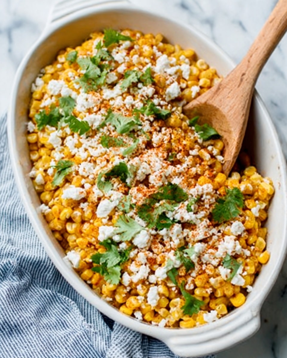 A white oval ceramic dish filled with cooked corn kernels mixed with spices, topped with crumbly white cheese sprinkled all over, fresh green cilantro leaves scattered on top, and a light dusting of chili powder adding red color contrast. A light wooden spoon is scooping the corn from the right side of the dish. The dish sits on a white marbled surface with a blue striped cloth napkin partially visible at the bottom left. Photo taken with an iphone --ar 4:5 --v 7